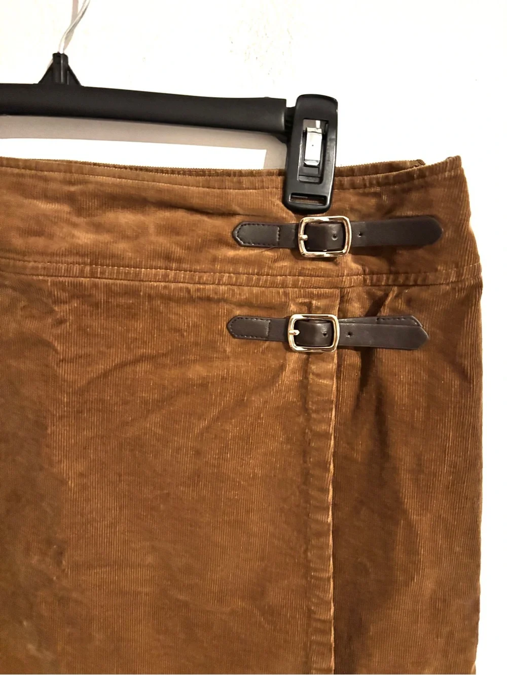 Charter Club Sz 10 Heritage Brown Corduroy Preppy Wrap Skirt Retro Buckle Detail